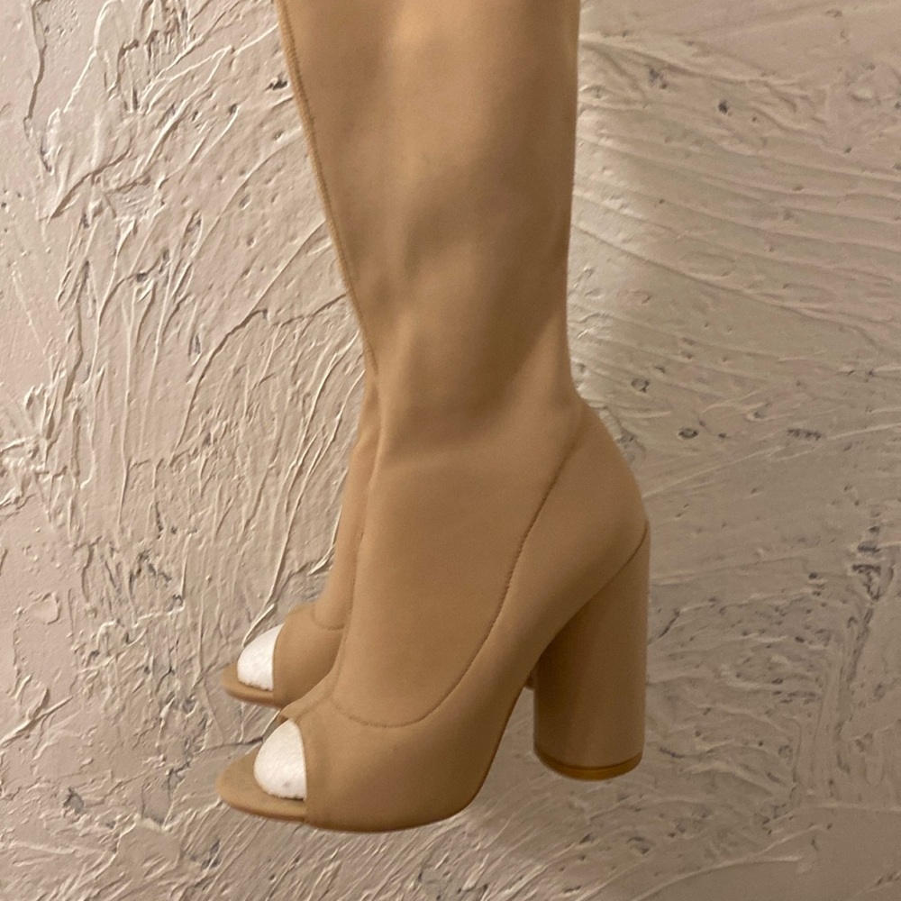 Stretch thigh high open toe boots block heel